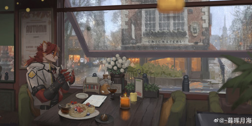 amazing_background anthro belt beverage black_belt black_clothing black_gloves black_handwear black_nose blue_eyes bottomwear building clothed clothing detailed_background fur gloves hair handwear holding_beverage holding_object inside male male_anthro mouth_closed pants plant plant_pot potted_plant raining red_body red_fur red_hair side_view sitting solo steam topwear white_body white_bottomwear white_clothing white_fur white_pants white_topwear window awaldkize canid canine mammal 2024 absurd_res dated detailed hi_res signature