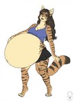 anthro belly big_belly black_bottomwear black_clothing black_skirt blue_clothing blue_eyes blue_topwear bottomwear brown_hair clothed clothing female fur hair huge_belly logo long_hair looking_at_viewer markings open_mouth open_smile orange_body orange_fur pregnant pregnant_anthro pregnant_female simple_background skirt smile solo standing striped_arms striped_body striped_fur striped_legs striped_markings striped_tail stripes tail tail_markings topwear white_background yellow_body yellow_fur milk-jug azria_knight felid mammal artist_logo hi_res