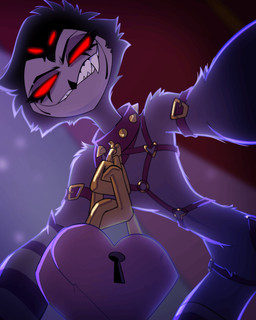 all_fours anthro chain chain_leash clothed clothing collar fangs feathers glowing glowing_eyes grey_body grey_feathers grin harness leash leashed_collar legwear lock looking_at_viewer looking_down looking_down_at_viewer low-angle_view male mostly_nude red_eyes sharp_teeth skimpy slim smile solo spiked_collar spikes stockings teeth worm's-eye_view pandaleafs hellaverse helluva_boss stolas_(helluva_boss) avian bird owl owl_demon 4:5 absurd_res hi_res
