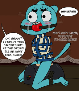 abandonment angry arms_tied ball_gag bdsm blush bodily_fluids bondage bottomless bound clothed clothing crying dialogue female front_view gag gagged genital_fluids genitals horrified legs_tied masturbation motion_lines no_irises no_underwear overstimulation restraints sex sex_toy sexual_torture shaking solo speech_bubble straddling straitjacket strapped_down sybian tears text thoughts tremble_lines trembling vaginal vaginal_fluids vaginal_masturbation variant_set vibrating vulva low-down cartoon_network the_amazing_world_of_gumball nicole_watterson alternate_version_at_source comic english_text hi_res