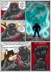 anthro bear biceps canid canine canis clothing comic dialogue duo english_text felid frostbite_(rubberbuns) hi_res jackal latex lion male mammal mind_control muscular muscular_male obsidian_(rubberbuns) pantherine pecs polar_bear rubberbuns speech_bubble text ursine wildfire_(rubberbuns) wolf