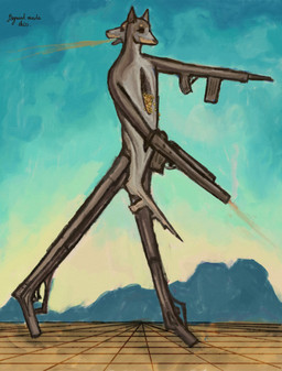 2_heads anthro biped breath_powers coin ears_up elemental_manipulation fire fire_breathing fire_manipulation gold_(metal) gold_coin gun gun_arm gun_leg male money multi_head open_mouth outside ranged_weapon shooting shooting_gun solo surrealism walking weapon weapon_arm reynard_goodfellow brazilian_dawg_(ricthecusco) canid canine canis domestic_dog mammal absurd_res digital_media_(artwork) digital_painting_(artwork) full-length_portrait hi_res painting_(artwork) portrait