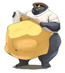 4_toes 5_toes abdominal_bulge after_vore anthro anthro_pred belly belly_focus belly_overhang big_belly bottomless butt clothed clothing double_chin feet hat headgear headwear huge_belly looking_pleasured male male_pred moobs navel obese obese_anthro obese_male obscured_eyes oral_vore overweight overweight_anthro overweight_male presenting_belly shirt shirt_only solo thick_thighs toes topwear topwear_only vore vore_day_2024 white_clothing white_shirt white_topwear feedtheboss vore_day boss_(feedtheboss) ambiguous_species bear black_bear mammal ursine 2024 hi_res