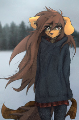 anthro black_nose blurred_background bottomwear breasts brown_body brown_eyes brown_fur brown_hair clothing day ear_piercing eyebrow_through_hair eyebrows eyelashes facial_markings facial_piercing facial_tattoo female female_anthro floppy_ears fur furgonomic_piercing furgonomics hair hair_over_eye head_markings hoodie inner_ear_fluff long_hair looking_at_viewer markings messy_hair mottled mottled_nose muzzle_piercing neck_markings neck_tattoo nose_piercing one_eye_obstructed outside pants pattern_clothing pattern_shirt pattern_topwear piercing pink_nose plaid plaid_clothing plaid_shirt plaid_topwear plant scarf shirt slim small_breasts snow snowing solo standing tattoo topwear translucent translucent_hair tree tuft wind tinygaypirate apogee_(tinygaypirate) canid canine canis domestic_dog mammal spitz 2022 absurd_res hi_res portrait three-quarter_portrait