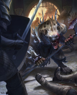 5_fingers anthro armor axe boots brown_body brown_fur claws clothing day detailed_background digitigrade ear_piercing ear_ring fingers footwear fur gate group headgear helmet holding_axe holding_melee_weapon holding_object holding_shield holding_sword holding_weapon male melee_weapon open_mouth pauldron piercing ring_piercing shield shoes solo_focus standing sword weapon brian_valeza gnoll human hyena mammal 2017 digital_media_(artwork) hi_res