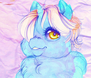 1_horn ambiguous_form ambiguous_gender blue_body blue_fur blue_horn eyelashes fur hair hair_over_eye horn monotone_body monotone_fur open_mouth quadruped smile solo white_hair yellow_eyes young le_saturna fluffy_pony fluffy_pony_(species) mammal 2021 digital_media_(artwork) english_description hi_res
