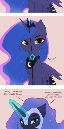 1_horn black_neckwear black_tiara blue_eyeshadow blue_hair closed_smile crescent_moon_(marking) crown cutie_mark dialogue eyeshadow feathered_wings feathers female female_feral feral glowing glowing_horn gradient_hair hair headgear highlights_(coloring) horn magic makeup markings monotone_background moon_(marking) mouth_closed pink_background pink_highlights purple_body purple_hair purple_horn purple_wings quadruped simple_background smile solo sparkles sparkling_hair spiral_horn teal_eyes text tiara unzipped wings zipper nnalyart friendship_is_magic hasbro my_little_pony mythology nightmare_moon_(mlp) princess_luna_(mlp) equid equine mammal mythological_creature mythological_equine winged_unicorn absurd_res digital_drawing_(artwork) digital_media_(artwork) english_text flat_colors hi_res sequence