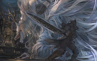 altar ambiguous_gender antlers armor bandage candle covered_eyes duo fur hair horn inside melee_weapon sculpture statue sword weapon yomyamn_(artist) bloodborne fromsoftware mythology sony_corporation sony_interactive_entertainment the_hunter_(bloodborne) vicar_amelia beast_(bloodborne) canid canine canis human mammal monster mythological_canine mythological_creature werecanid werecanine werecreature werewolf wolf