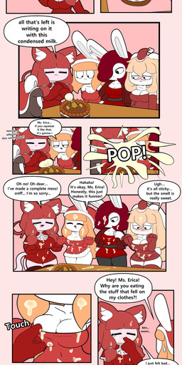 anthro armwear big_breasts black_eyes blonde_hair breast_poke breasts brown_hair cake christmas_clothing christmas_headwear cleavage clothed clothing condensed_milk dairy_products dessert dialogue elbow_gloves eyes_closed female feral food fur gloves group hair hair_over_eye handwear hat headgear headwear holidays male messy_clothing milk navel one_eye_obstructed open_mouth red_hair santa_hat smile speech_bubble tail teary_eyes text thick_thighs whipped_cream white_body white_fur wide_hips tonytoran christmas betty_(tonytoran) erica_(tonytoran) tina_(tonytoran) tony_(tonytoran) trisha_(tonytoran) chinchilla chinchillid domestic_cat felid feline felis lagomorph leporid mammal rabbit rodent 2025 absurd_res comic digital_media_(artwork) english_text hi_res