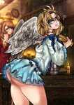 blonde_hair blue_eyes bottomwear butt clothed clothing duo exposed_butt fantasy female food hair miniskirt no_underwear sandwich_(food) skirt tavern upskirt wings bluewolfartista the_rising_of_the_shield_hero filo_(the_rising_of_the_shield_hero) raphtalia filolial humanoid mammal 2020 absurd_res hi_res