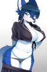 anthro big_breasts black_hair black_nose blue_body blue_eyes blue_fur blush bottomwear bottomwear_down breasts clothing curvy_figure female female_anthro fur hair kemono navel nipples panties shirt short_hair simple_background skirt skirt_down smile solo tied_shirt topwear underwear undressing voluptuous white_background white_body white_fur faeki saki_(garasaki) canid canine canis mammal wolf 2019 absurd_res hi_res portrait