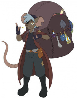 anthro backpack biped bottomwear clothed clothing ear_piercing gloves handwear looking_at_viewer male pants piercing shirt simple_background solo standing tail topwear white_background yellow_eyes skidd uberquest farron_jacques brown_rat mammal murid murine rat rodent 2014 hi_res