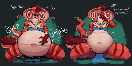 anthro anthro_pred belly big_belly duo green_body male male_pred red_arms red_body red_legs red_stripes red_tail stripes tail text tongue tongue_out vore flute_(artist) reptile scalie snake 2:1 english_text hi_res