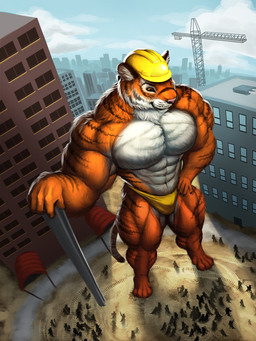 abs anthro armor biceps big_muscles boots bulge city clothed clothing construction_beam construction_worker crane_(machine) detailed_background footwear group hard_hat headgear helmet holding_object humanoid_hands macro male muscular outside pecs shoes solo_focus speedo standing swimwear topless worker sugarboy steve_(bahamut6sic6) felid mammal pantherine tiger 3:4