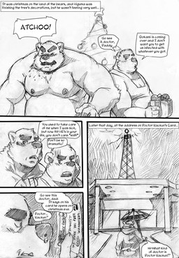 anthro biceps blush bodily_fluids building christmas_tree clothed clothing dialogue duo gift holding_gift holding_object holidays ill male muscular muscular_male nipples pecs plant shirt sneeze snot speech_bubble tank_top text topless topwear tree umbrella markwulfgar christmas bear mammal 2015 comic english_text greyscale hi_res monochrome multiple_scenes father_(lore) father_and_child_(lore) father_and_son_(lore) parent_(lore) parent_and_child_(lore) parent_and_son_(lore) son_(lore)