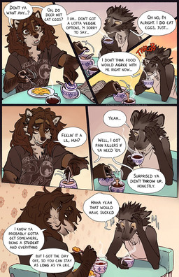 anthro black_nose brown_body brown_eyes brown_fur chair cheek_tuft clothed clothed_anthro clothing container cup cutlery dialogue dining_table duo egg_(food) facial_tuft fangs fluffy fluffy_tail food fork fur furniture grey_body grey_fur hair head_tuft headache holding_container holding_cup holding_fork holding_object holding_spoon hot_beverage kitchen_utensils male on_chair plate pointy_ears prick_ears scrambled_eggs sitting sitting_on_chair snout speech_bubble spoon tail tan_body tan_fur teeth text tools tuft tusks yellow_sclera falco_works indy_(justroadkill) pen_(falco_works) canid canine canis cervine coyote deer mammal tufted_deer 2026 comic digital_media_(artwork) english_text hi_res