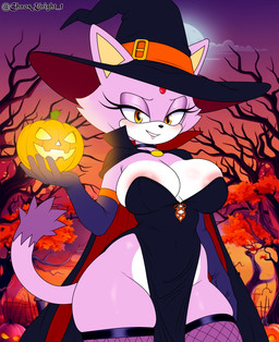 animal_ears anthro areola areola_slip armwear bedroom_eyes big_breasts black_clothing black_headwear blush breasts cape cat_tail choker cleavage clothed clothing costume dress elbow_gloves female fishnet_clothing fishnet_legwear food forehead_gem fruit full_moon fur gem gloves halloween_costume handwear hat headgear headwear holding_object holidays jack-o'-lantern jewelry legwear lipstick looking_at_viewer makeup moon narrowed_eyes necklace outside plant pumpkin purple_body purple_fur red_lipstick seductive smille solo stockings strapless_clothing tail tree two-sided_fabric witch_hat yellow_eyes the_knight halloween idw_publishing sega sonic_the_hedgehog_(comics) sonic_the_hedgehog_(idw) sonic_the_hedgehog_(series) blaze_the_cat domestic_cat felid feline felis human mammal absurd_res hi_res