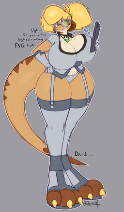 3_toes anthro big_breasts big_feet biped blonde_hair breasts brown_body brown_fur brown_nose claws cleavage clothed clothing computer countershading curvy_figure dialogue digitigrade electronics eyewear feet female fur garter_straps glasses gloves green_eyes grey_background hair hand_on_hip handwear holding_object huge_breasts huge_feet jewelry legwear long_legs looking_at_viewer monotone_hair multicolored_body multicolored_fur multicolored_tail necklace onomatopoeia open_mouth panties ponytail shirt simple_background solo sound_effects standing tablet tail talking_to_viewer tan_body tan_countershading tan_fur text thick_thighs thigh_highs toes topwear underwear unimpressed voluptuous wide_hips 0r0ch1 kathy_(haiku_oezu) herpestid mammal meerkat english_text hi_res