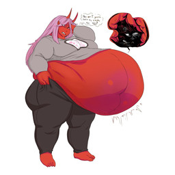belly big_belly breasts duo female female_pred hair horn overweight pink_hair red_body red_skin speech_bubble text vore grindaviking ember_(metalforever) demon 1:1 2019 hi_res