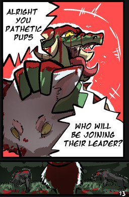 ambiguous_gender anthro blood bodily_fluids clothed clothing decapitation dialogue female feral fur gore grey_body grey_fur group horn melee_weapon speech_bubble sword text weapon white_body white_fur brradett lernie_(brradett) canid canine mammal scalie absurd_res colored comic english_text hi_res