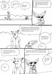 anthro bernielover canid canine clothing comic disney duo english_text fennec_fox finnick_(zootopia) fox hi_res lagomorph male mammal monochrome nick_wilde profanity red_fox simple_background speech_bubble text true_fox white_background zootopia