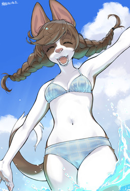 accessory anthro bikini blue_bikini blue_clothing blue_sky blue_swimwear braided_hair braided_pigtails breasts brown_body brown_eyebrows brown_fur brown_hair camel_toe claws clothed clothed_anthro clothed_female clothing cloud day eyebrow_through_hair eyebrows eyelashes eyes_closed fangs female female_anthro finger_claws fingerpads fingers front_view fur hair hair_accessory hair_tie happy kemono long_hair midriff multicolored_body multicolored_fur navel open_mouth outside partially_submerged pawpads pigtails pink_nose pink_pawpads sky slim slim_anthro slim_female small_breasts solo swimwear tail teeth tongue translucent translucent_hair twin_braids twintails_(hairstyle) two-piece_swimsuit two_tone_body two_tone_fur water white_body white_fur kikurage inukoro_(kikurage) ibigawa_shiena canid canine canis domestic_dog mammal 2025 digital_media_(artwork) hi_res portrait three-quarter_portrait