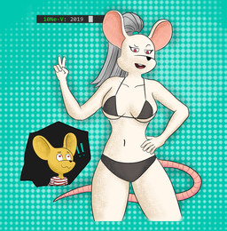 abstract_background anthro bikini bikini_bottom bikini_top clothing dark_clothing duo female gesture grey_hair hair hand_gesture heart_eyes heart_symbol larger_female looking_at_viewer male male/female rat_ears rat_tail red_eyes size_difference swimwear tail tied_hair two-piece_swimsuit v_sign white_body yellow_body 10ne-v linux mammal murid murine rat rodent absurd_res hi_res