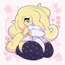 1_eye anthro arm_under_breasts big_breasts breasts clothing female footwear huge_hips kneeling legwear pseudo_hair purple_eyes socks solo sweater tentacle_hair tentacles text thick_thighs thigh_highs thigh_socks topwear wide_hips y2k_(graphic_design) yellow_body yellow_skin unknownspy banban_(unknownspy) animal_humanoid aquatic aquatic_humanoid cephalopod cephalopod_humanoid cyclops humanoid mollusk mollusk_humanoid 1:1 2022 absurd_res hi_res watermark