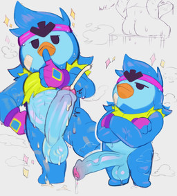 accessory anthro athletic_wear balls big_penis blue_body blue_feathers bodily_fluids confident cum cum_drip cumshot dominant dripping ejaculation feathers genital_fluids genitals gym headband long_penis male penis simple_background standing vein veiny_penis pochiiwa brawl_stars supercell_(company) mr.p_(brawl_stars) avian bird penguin hi_res
