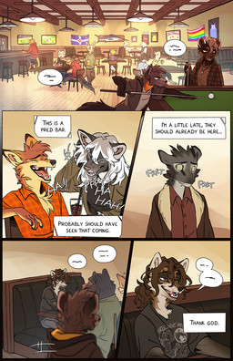 1978_rainbow_pride_colors alcohol ambiguous_gender anthro bar barefoot beer beer_mug beverage billiard_table biped booth_seating brown_body brown_eyes brown_fur canine_teeth chair cheek_tuft clothed clothed_anthro clothing duo facial_tuft feet flag fluffy fluffy_tail fur furniture grey_body grey_fur group head_tuft inner_monologue inside lgbt_pride looking_around male orange_body orange_fur pointy_ears prick_ears pride_colors rainbow_flag rainbow_pride_flag rainbow_symbol sitting snout solo speech_bubble standing table tail tan_body tan_fur text text_box thinking trio tuft tusks walking yellow_sclera falco_works bryn_juneau indy_(justroadkill) pen_(falco_works) aquatic arctic_fox billfish canid canine canis cervine coyote crocodile crocodilian deer fish fox gulonine istiophoriform mammal marten mustelid musteline reptile sable_(marten) scalie swordfish true_fox tufted_deer 2025 comic digital_media_(artwork) english_text hi_res