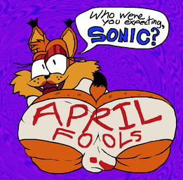 abstract_background anthro ass_up bottomwear bulge butt clothing detailed_bulge exclamation_point eyelashes eyeliner eyeshadow fangs femboy fluffy_face freckled_butt freckles holidays humor lipstick looking_at_viewer looking_back looking_back_at_viewer makeup male shirt short_tail shorts solo tail talking_to_viewer teeth text text_on_clothing text_on_underwear thick_thighs tongue tongue_out topwear underwear alexis_wasilla april_fools'_day bubsy_(series) bubsy_bobcat bobcat felid feline lynx mammal