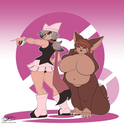 4_toes alternate_species anthro bangs big_breasts blue_eyes bodily_fluids boots bracelet breasts brown_body brown_fur claws clothed clothing cosplay dress duo eyebrows eyes_closed feet female footwear fur grey_hair hair hand_on_hip highlights_(coloring) huge_breasts humanized jewelry lips long_tail navel pawpads pigtails pokeball pokemorph pose scarf shoes slightly_chubby slightly_chubby_female sweat sweatdrop tail thick_bottom_lip thick_eyebrows thick_thighs toe_claws toes wide_hips hardtones nintendo pokemon dawn_(pokemon) jeza_schal pokemon_trainer rimi_(wittyusername) ailurid generation_1_pokemon human hybrid mammal pokemon_(species) red_panda snorlax 1:1 2025 hi_res signature