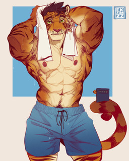 abs abstract_background anthro athletic_wear bodily_fluids bottomwear cellphone clothed clothing electronics fur green_eyes gym_bottomwear gym_shorts hair looking_at_viewer male markings muscular muscular_anthro muscular_male nipples orange_body orange_fur pecs phone selfie shorts shorts_only smartphone solo striped_markings striped_tail stripes sweat tail tail_grabbing_object tail_markings topless topless_anthro topless_male towel towel_around_neck whisker_spots whiskers ekzonzz felid mammal pantherine tiger 2026 absurd_res hi_res