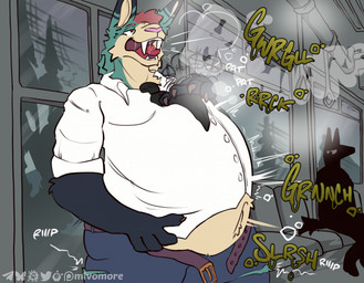 abdominal_bulge anthro belly belt big_belly bottomwear burp_cloud burping clothing collared_shirt dress_shirt fangs inside_train male male_pred open_belt open_mouth pants public_transportation rapid_transit rumbling_stomach same_size_vore shirt teeth tongue tongue_out topwear torn_clothing vore mivomore mammal hi_res