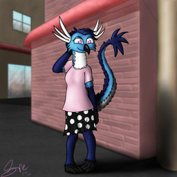 3_toes anthro beak black_beak black_bottomwear black_clothing black_skirt blue_body blue_feathers blue_hair bottomwear breasts brick_wall building cheek_tuft clothed clothing day detailed_background door eyelashes facial_tuft feathers feet female fully_clothed hair knock-kneed light long_tail looking_at_viewer medium_breasts multicolored_body multicolored_feathers no_pupils non-mammal_breasts outline outside pattern_bottomwear pattern_clothing pattern_skirt pink_clothing pink_eyes pink_shirt pink_topwear plantigrade polka_dots shadow shirt short_hair skirt smile smiling_at_viewer solo standing street tail tail_mane tail_tuft toes topwear tuft wall_(structure) white_body white_feathers window spe faymin_(rhpenguin) avian hybrid scalie unknown_species 1:1 2022 absurd_res dated digital_media_(artwork) hi_res krita_(artwork) lighting shaded signature soft_shading
