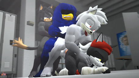 anal anthro balls beak beret clothing foursome genitals group group_sex hand_on_hip hat headgear headwear male male/male male_penetrated male_penetrating male_penetrating_male mge moan muscular muscular_anthro muscular_male obscured_penetration penetration penis purple_eyes red_eyes sex smile tail yellow_eyes armada_(artist) juicyducksfm kabalmystic_(modeler) garry's_mod sega sonic_the_hedgehog_(series) ace_(mrfrenchyjackal) adam_(juicyducksfm) billy_herrington fan_character garrett_(armada) thunder_(juicyducksfm) avian canid canine canis felid feline humanoid jackal mammal wolf 16:9 3d_(artwork) digital_media_(artwork) hi_res widescreen