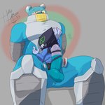 anthro anthrofied balls black_body black_fur blue_body blush bodily_fluids dominant_bottom duo erection fur genital_fluids genitals male male/male penis power_bottom precum size_difference spacesuit heibanhikaru bandai_namco digimon demon digimon_(species) dracmon espimon goo_creature imp 1:1 absurd_res hi_res