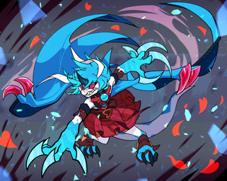 angry anthro attack belt biped black_claws blue_claws blue_hair bow_tie claws clothing costume dress female hair heart_symbol horn long_ears red_claws red_eyes ribbon_ears solo text white_body wingsblue_scales blitzdrachin conditional_dnp mythology sifyro dragon mythological_creature mythological_scalie scalie 2025 artist_name digital_drawing_(artwork) digital_media_(artwork) english_text handwritten_text shaded simple_shading