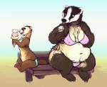 anthro beach bench big_breasts bikini breasts cleavage clothed clothing cloud dessert duo female food fur ice_cream licking midriff navel on_bench outside paws seaside sitting size_difference sky slightly_chubby smile swimwear tongue tongue_out two-piece_swimsuit oddwilds badger domestic_ferret european_badger mammal meles mustelid musteline true_musteline weasel 2014 digital_media_(artwork)