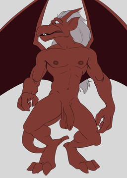 anthro balls flaccid genitals hair horn humanoid_genitalia humanoid_penis male membrane_(anatomy) membranous_wings navel nipples nude penis red_body saggy_balls simple_background solo tail white_hair wings smagma disney gargoyles brooklyn_(gargoyles) gargoyle scalie hi_res
