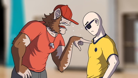 anthro athletic athletic_anthro athletic_male bald blurred_background bodily_fluids bottomwear brown_body brown_fur clothed clothed_anthro clothed_human clothed_male clothing detailed_background duo eyewear fingers frown fur gesture grey_bottomwear grey_clothing hand_gesture hat headgear headwear humanoid_hands lecture looking_at_another looking_down male open_mouth pointing pointing_at_another poking_chest red_clothing red_shirt red_topwear saliva shirt side_view sunglasses topwear whistle_around_neck yelling yellow_clothing yellow_shirt yellow_topwear sebek_fereh_ra cavemanon_studios i_wani_hug_that_gator coach_solly inco_(iwhtg) human mammal primate 16:9 colored hi_res shaded widescreen