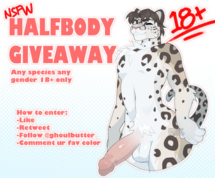 advertisement anthro athletic balls big_penis erection genitals glans humanoid_genitalia humanoid_penis looking_at_viewer male nude penis solo tail text ghoulbutter twitter felid mammal pantherine snow_leopard english_text half-length_portrait hi_res portrait