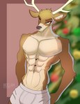 abs anthro antlers boxers_(clothing) brown_eyes bulge christmas_tree clothed clothing holidays horn looking_at_viewer male muscular plant simple_background solo topless tree underwear white_boxers white_clothing white_underwear neelam_(artist) christmas deer mammal new_world_deer reindeer absurd_res hi_res