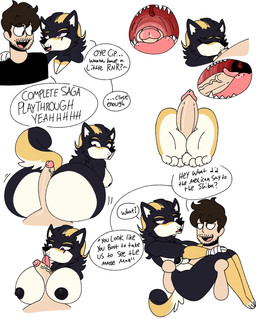anthro big_breasts big_butt black_body black_fur black_nipples blonde_hair breast_play breasts butt comedic dialogue duo ear_piercing eye_scar facial_scar fangs feet female female_anthro foot_fetish foot_play footjob fur genitals hair holding_body hot_dogging huge_breasts huge_butt human_on_anthro humanoid_feet internal internal_fellatio internal_oral interspecies licking male male/female male_human multicolored_body multicolored_fur nipples oral penile penis penis_lick penis_on_tongue piercing plantigrade reverse_mouth_shot scar sex tail teeth text titfuck titfuck_fellatio tongue uvula yellow_body yellow_fur anonymous_artist cip scotch_(shawty.shiba) canid canine canis domestic_dog human humanoid mammal shiba_inu spitz english_text hi_res