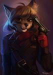 anthro bandolier brown_body brown_eyes brown_fur brown_hair clothing female fur gloves gun hair handgun handwear military_uniform ranged_weapon revolver scarf solo uniform weapon nickyzilla konami metal_gear revolver_ocelot roby_magda_(character) canid canine canis mammal wolf