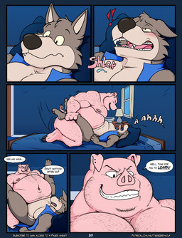 anal anal_penetration anthro areola arm_hair barazoku bed bedroom belly_hair belly_rest belly_to_belly big_butt black_nose blue_bed blue_blanket blue_clothing blue_pillow blue_topwear blue_vest blush body_hair butt butt_hair chest_hair clothing curtains curtains_open dialogue door drawer duo ear_piercing exclamation_point facial_hair fangs from_front_position fupa fur furniture furniture_lamp grey_body grey_fur hairy hairy_body hairy_legs lamp lamp_shade leg_hair long_snout looking_pleasured lying male male/male missionary_position moan musclegut muscular muscular_anthro muscular_arms muscular_male nipple_piercing nipples nude_male on_back onomatopoeia open_window overweight overweight_anthro overweight_bottom overweight_dom overweight_male overweight_top partially_clothed_anthro partially_clothed_male penetration piercing pillow pink_areola pink_body pink_nipples predator/prey prey_penetrating_predator sex sharp_teeth shoulder_hair snout sound_effects speech_bubble teeth text topwear vest yellow_sclera huttsergreywolf fairy_tales the_three_little_pigs big_bad_wolf bigby_(huttsergreywolf) canid canine canis domestic_pig mammal suid suine sus_(pig) wolf 2025 comic digital_media_(artwork) english_text hi_res url