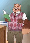 anthro book bottomwear brown_body brown_fur clothing detailed_background eyewear fur glasses humanoid_hands kemono male necktie pants shirt slightly_chubby solo topwear ryuta-h canid canine mammal raccoon_dog tanuki 2015