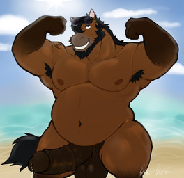 anthro armpit_hair balls beach beard belly big_balls big_penis bodily_fluids body_hair brown_body erection eyewear facial_hair fur genitals glasses hair humanoid_genitalia humanoid_penis male musclegut muscular muscular_male nipples outside overweight overweight_anthro overweight_male pecs penis sand sea seaside simple_background sky solo tail water baconbearart oakley_(oakleythehorse) equid equine mammal absurd_res hi_res