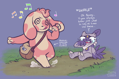 ambiguous_gender anthro bag bodily_fluids crying dancing dialogue duo grass kerchief kerchief_only mostly_nude musical_note musical_symbol neckerchief neckerchief_only neckwear plant sitting smile spiral spiral_eyes symbol tail tears text tongue tongue_out taffywabbit nintendo pokemon pokemon_mystery_dungeon spike_chunsoft cherie_(taffywabbit) penny_(taffywabbit) generation_3_pokemon generation_8_pokemon hisuian_form hisuian_sneasel pokemon_(species) regional_form_(pokemon) spinda 2025 3:2 digital_media_(artwork) english_text