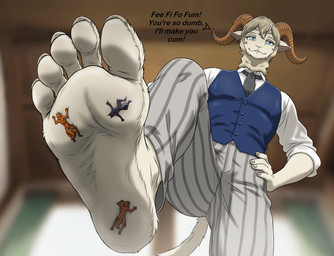 5_fingers 5_toes accessory anthro barefoot blue_clothing blue_eyes blurred_background bottomwear brown_body clothed clothing crushed_micros dialogue dominant extreme_size_difference feet fingers foot_fetish foot_focus foot_play fur grey_body grey_clothing group hair hand_on_hip horn humanoid_feet larger_anthro larger_male low-angle_view macro male male/male male_anthro micro necktie nude orange_body pants pattern_bottomwear pattern_clothing pattern_pants plantigrade size_difference smaller_anthro smaller_male smile soles stomping striped_bottomwear striped_clothing stripes stuck_to_foot tail text toes topwear trio vest white_body white_clothing white_fur wool_(fur) smellslikejavier beastars pina_(beastars) bovid canid canine caprine fox mammal sheep english_text hi_res